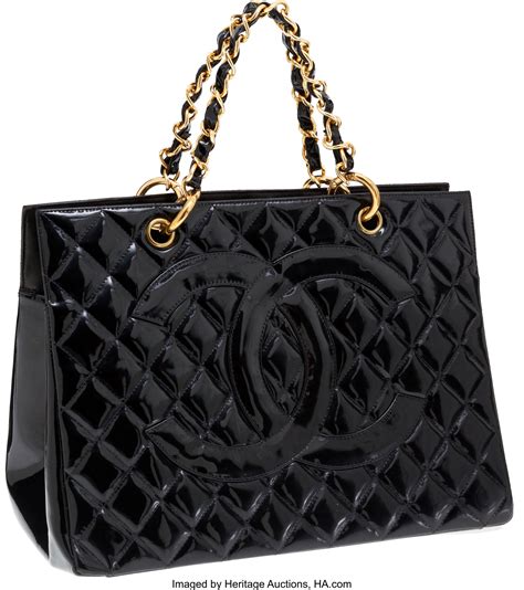 CHANEL Patent Quilted Large Shopping Tote Black